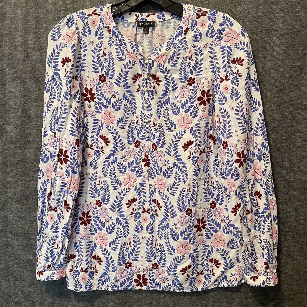 Talbots Top Womens XS Blue Pink Floral Button Tunic Blouse Casual Office  Ladies